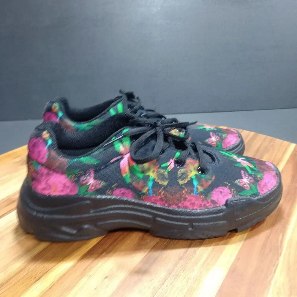 Yes We Vibe Sneakers‎ Shoes Womens Sz 7 M Floral Butteryfly Lace Up Colorful
